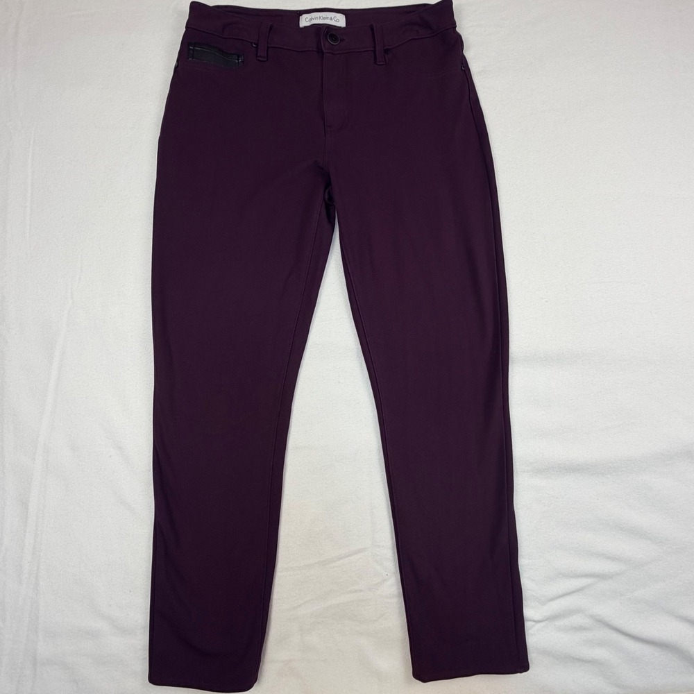 Calvin Klein & Co Womens Skinny Pants Plum Purple Faux Leather Trim Size 12